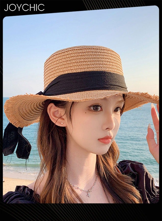 Joychic Women Wide Brim Straw Hat Chin Strap Straw Beach Hat Sun Hat Foldable Summer Hat Uv Hat - Image 3