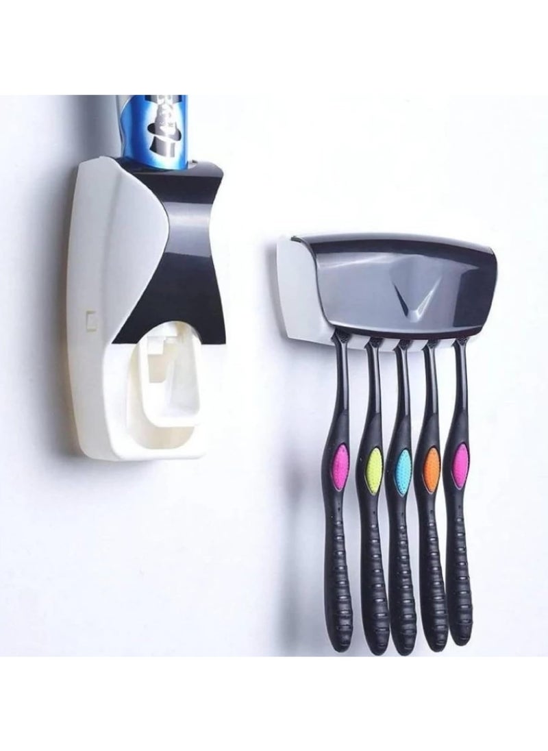 LIMITLESS Toothbrush Holder with Cover Bathroom Storage Stand Toothpaste Dispenser Squeezer Kit Dust-Proof Wall Mounted Tooth Brush Holder Set Automatic Auto Toothpaste Dispenser (Black)  - Image 1