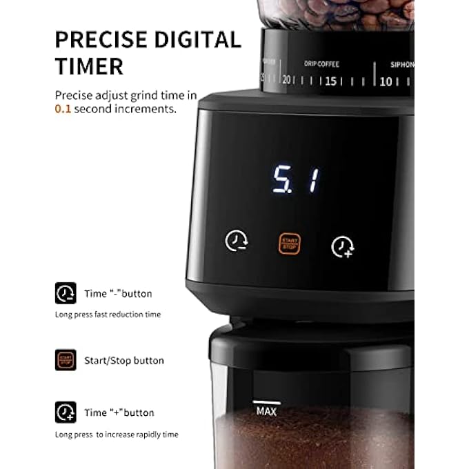 Dxmocos Conical Burr Coffee Grinder With Digital Timer Display Electric Coffee Bean Grinder With 31 Precise Settings For EspressoDripPour OverCold BrewFrench Press Matte Black - Image 3