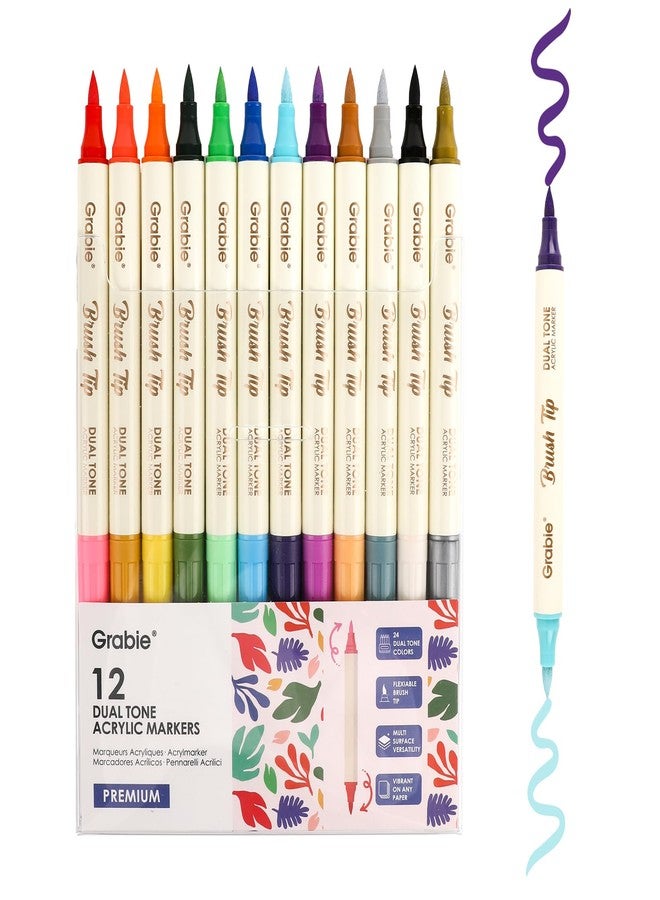 Grabie 24 Color Acrylic Paint Markers, Pack of 12 Dual Tip Brush Pens - Image 1