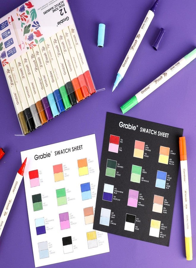 Grabie 24 Color Acrylic Paint Markers, Pack of 12 Dual Tip Brush Pens - Image 2