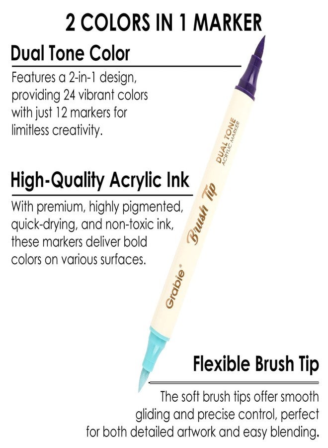 Grabie 24 Color Acrylic Paint Markers, Pack of 12 Dual Tip Brush Pens - Image 4
