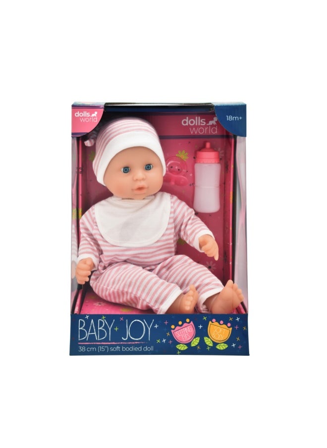 dolls world Baby Joy 15 inch Baby Doll With Sleeping Eyes Bottle & Dummy from Peterkin gift for kids of Age above 18 months  - Image 1
