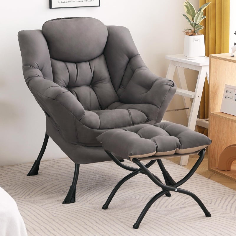 SESHINELL Lazy Chair with Ottoman, Modern Accent Chair Contemporary Sofa Chair with Armrests, Reading Chair and Folding Footstool Set for Living Room, Bedroom, Office, Dark Grey - Image 1