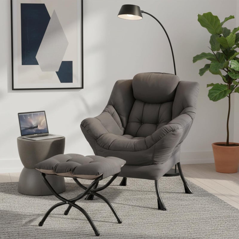 SESHINELL Lazy Chair with Ottoman, Modern Accent Chair Contemporary Sofa Chair with Armrests, Reading Chair and Folding Footstool Set for Living Room, Bedroom, Office, Dark Grey - Image 2