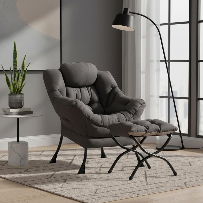 SESHINELL Lazy Chair with Ottoman, Modern Accent Chair Contemporary Sofa Chair with Armrests, Reading Chair and Folding Footstool Set for Living Room, Bedroom, Office, Dark Grey - Image 5