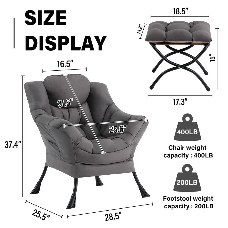 SESHINELL Lazy Chair with Ottoman, Modern Accent Chair Contemporary Sofa Chair with Armrests, Reading Chair and Folding Footstool Set for Living Room, Bedroom, Office, Dark Grey - Image 3