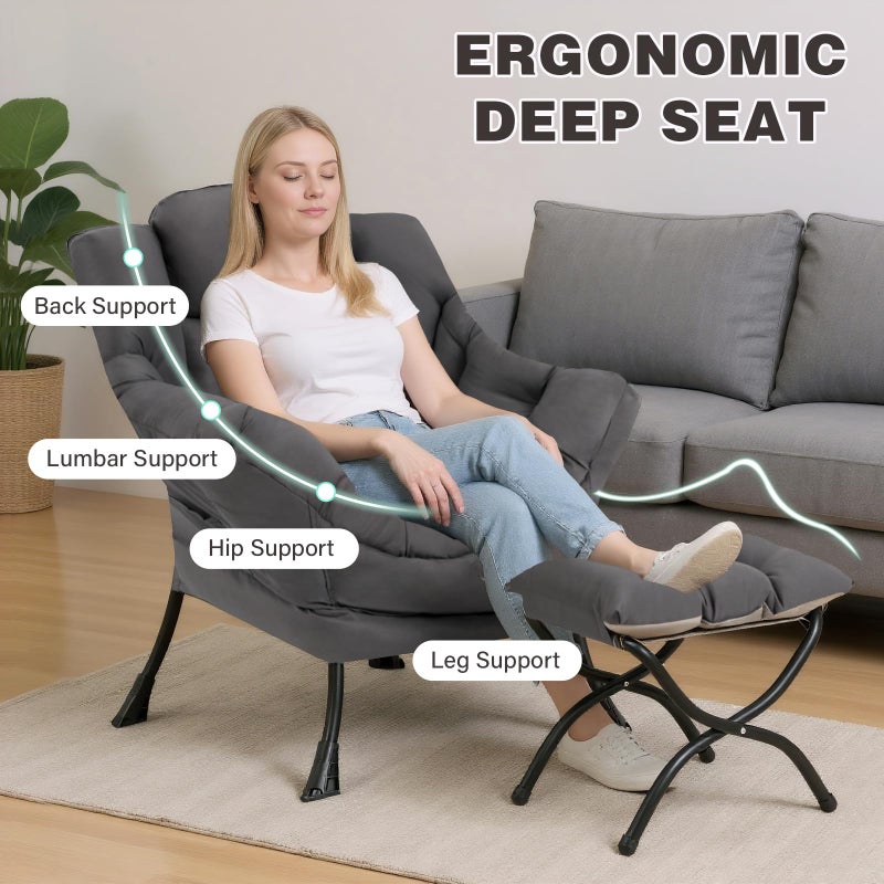 SESHINELL Lazy Chair with Ottoman, Modern Accent Chair Contemporary Sofa Chair with Armrests, Reading Chair and Folding Footstool Set for Living Room, Bedroom, Office, Dark Grey - Image 4