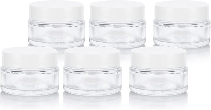 Clear Glass 0.50 oz / 15 ml Low Profile Thick Wall Balm Jars with White Smooth Foam Lined Lids (6 PACK)