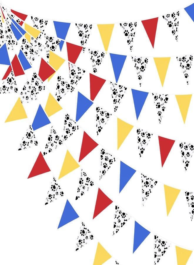 pinkblume 32Ft Paw Patrol Party Decorations Red Blue Yellow Puppy Paw Print Fabric Banner Triangle Pennant Flag Garland Streamers for Kids Dog Paw Birthday Baby Shower Bluey Party Outdoor Garden Decor Supplies - Image 1