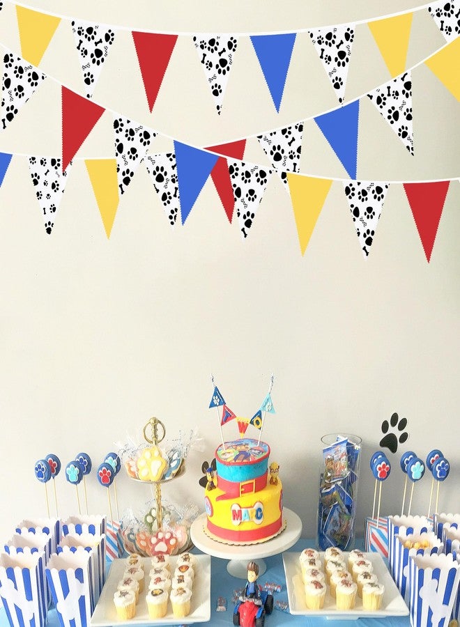 pinkblume 32Ft Paw Patrol Party Decorations Red Blue Yellow Puppy Paw Print Fabric Banner Triangle Pennant Flag Garland Streamers for Kids Dog Paw Birthday Baby Shower Bluey Party Outdoor Garden Decor Supplies - Image 4