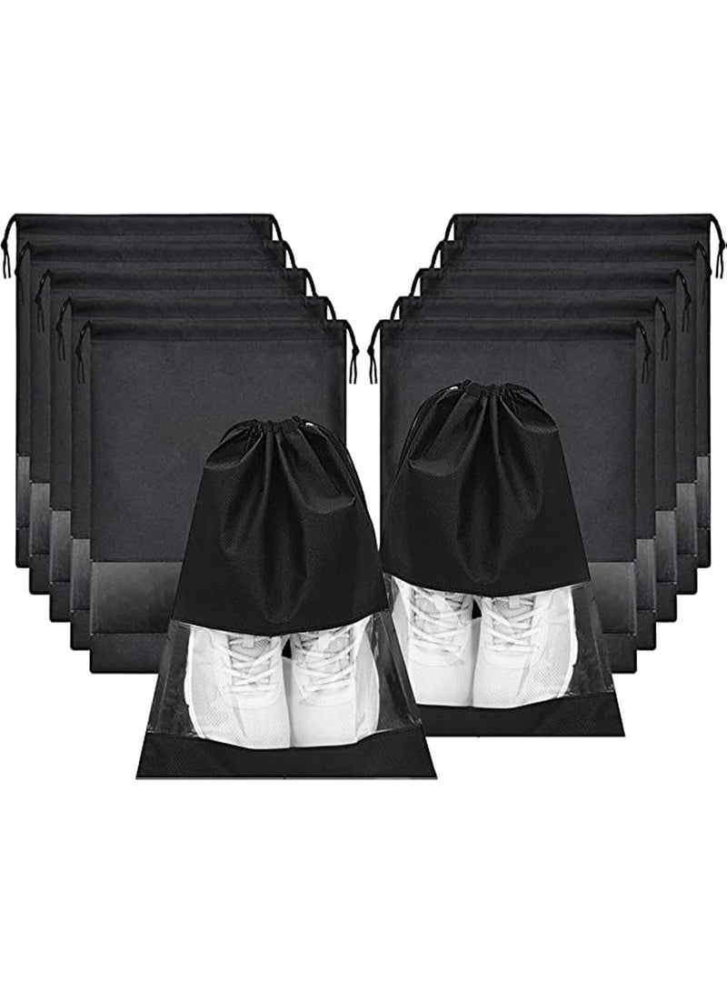 LEBOCADO 12 Pieces Waterproof Shoe Storage Bags with Drawstring - Non-Woven Travel & Gym Shoe Organizer with Transparent Window, Multi-Functional Dustproof Pouch for Men Women (Black) - Image 1