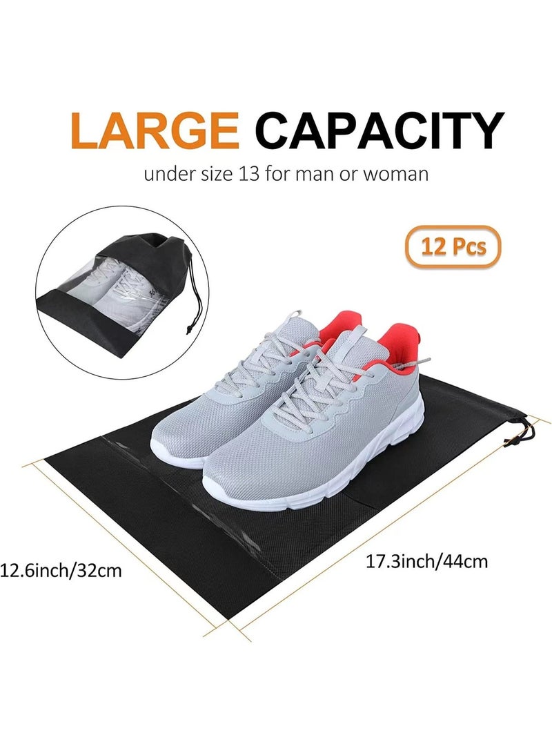LEBOCADO 12 Pieces Waterproof Shoe Storage Bags with Drawstring - Non-Woven Travel & Gym Shoe Organizer with Transparent Window, Multi-Functional Dustproof Pouch for Men Women (Black) - Image 3