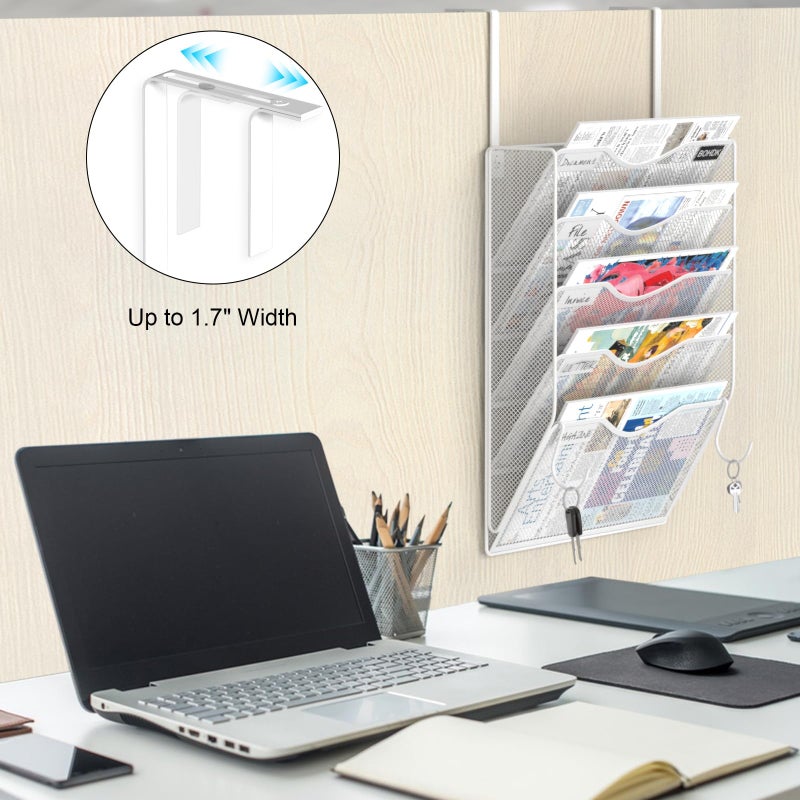 BOHDK Wall File Organizer, 5 Tire Hanging File Folder Organizer, Vertical Mesh Metal Door/Wall Mount Hanging File Holder, Paper Document Magazine Rack with Hooks for Home Office White - Image 3