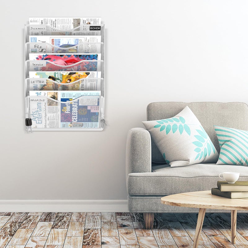BOHDK Wall File Organizer, 5 Tire Hanging File Folder Organizer, Vertical Mesh Metal Door/Wall Mount Hanging File Holder, Paper Document Magazine Rack with Hooks for Home Office White - Image 2