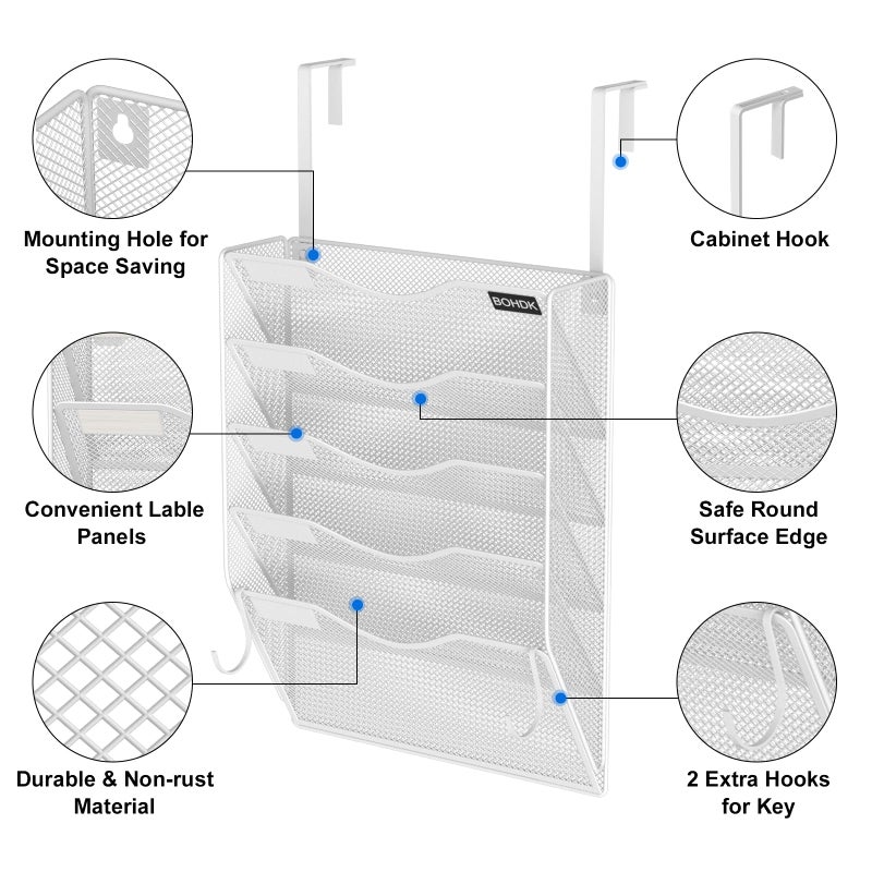 BOHDK Wall File Organizer, 5 Tire Hanging File Folder Organizer, Vertical Mesh Metal Door/Wall Mount Hanging File Holder, Paper Document Magazine Rack with Hooks for Home Office White - Image 5
