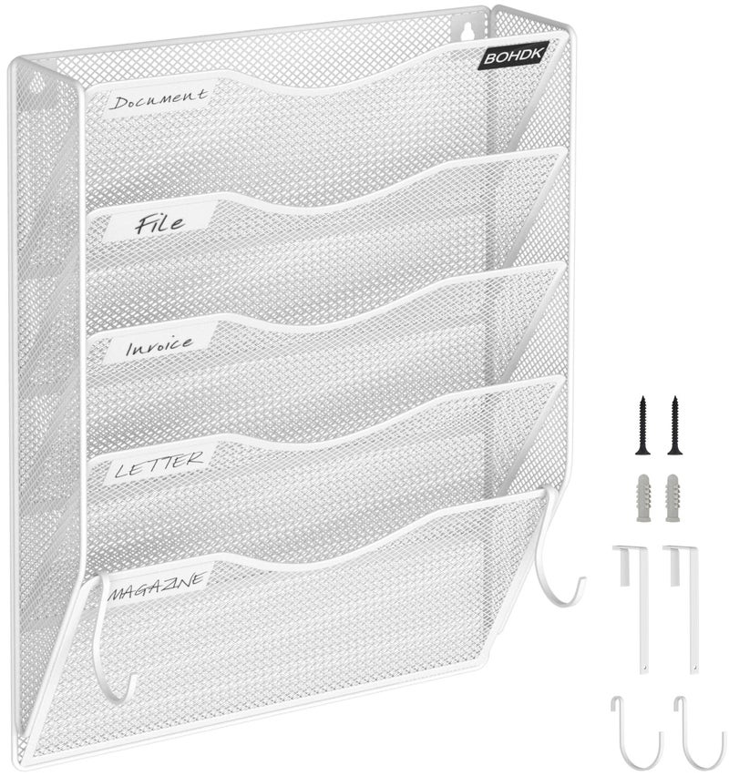 BOHDK Wall File Organizer, 5 Tire Hanging File Folder Organizer, Vertical Mesh Metal Door/Wall Mount Hanging File Holder, Paper Document Magazine Rack with Hooks for Home Office White - Image 1