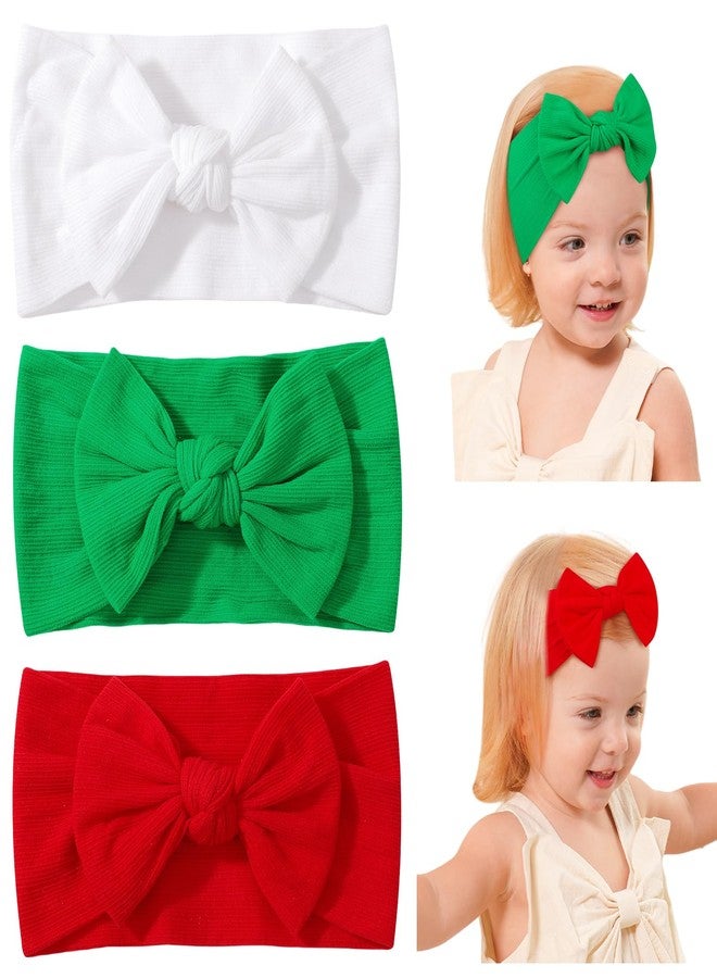 jollybows 3PCS Baby Bows Headbands Soft Nylon Baby Girl Headbands for Newborn Infant Toddler Kids Cute Bow Wide Hairbands Hair Accessories(White Green Red) - Image 1