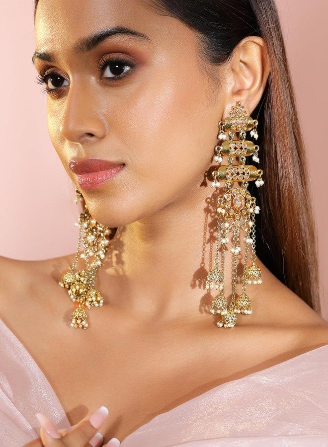 Rubans Women's & Girl's 22K Gold-Plated Antique Gold Tone Jhumka Shoulder Duster Earrings with Pearl Accents - Image 4