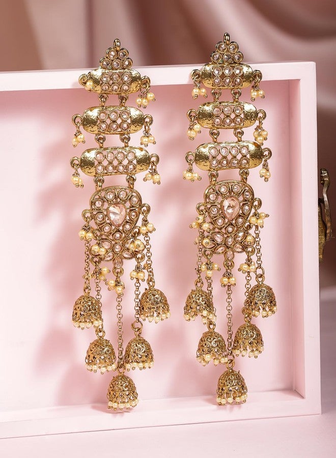 Rubans Women's & Girl's 22K Gold-Plated Antique Gold Tone Jhumka Shoulder Duster Earrings with Pearl Accents - Image 3