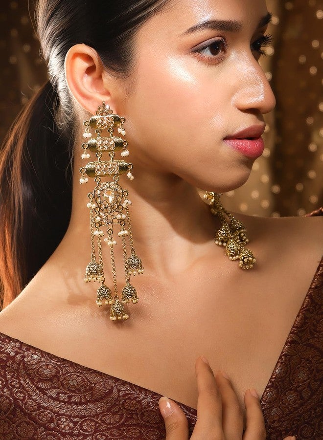 Rubans Women's & Girl's 22K Gold-Plated Antique Gold Tone Jhumka Shoulder Duster Earrings with Pearl Accents - Image 2