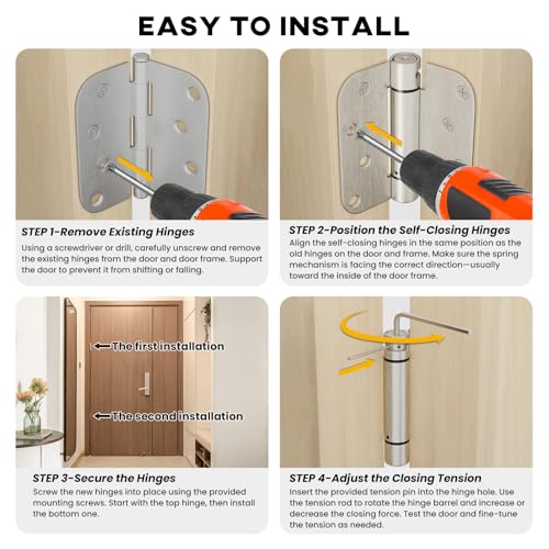 goldenwarm Pack of 2 4 inch Door Hinges Satin Nickel Self-Closing Spring Door Hinges - Heavy-Duty Spring Hinges for Interior and Exterior Doors, 5/8" Radius Corners - Image 4