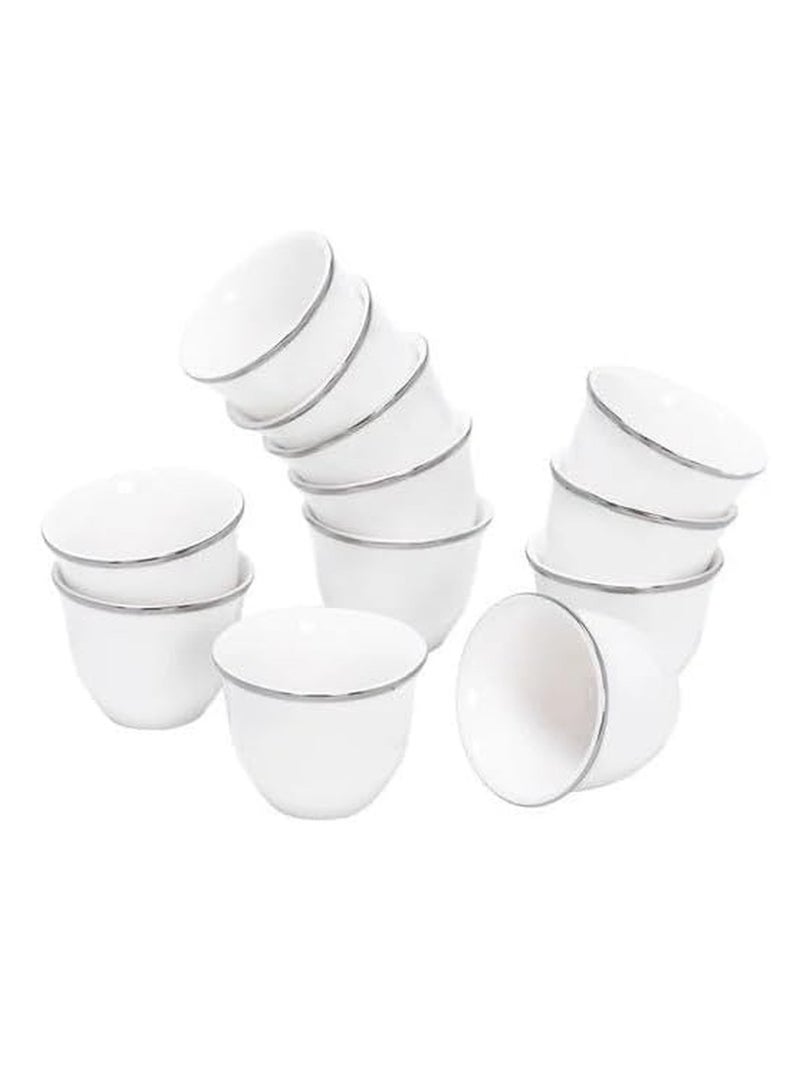 Arabic Coffee Cup Set 12 Piece Premium Porcelain White With Silver Rim  - Image 2