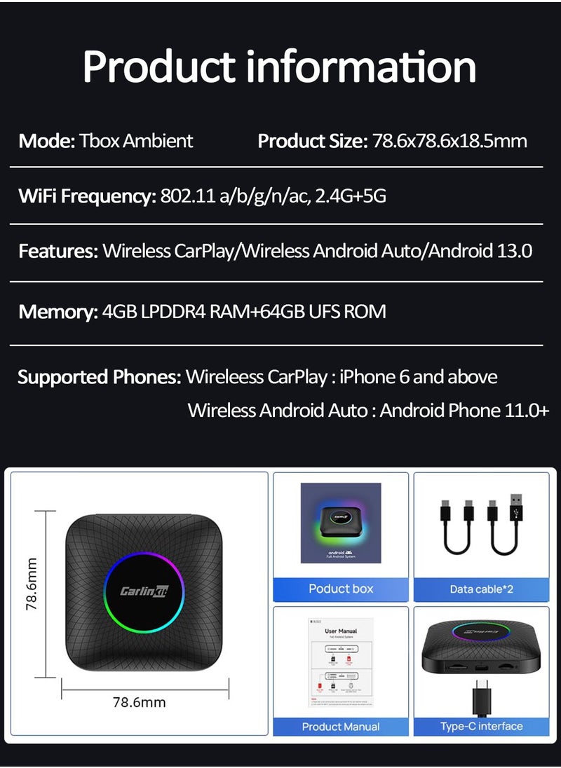 2024 CarlinKit CarPlay AI Box Android 13.0 QCM6225 8-Core Android Auto Wireless CarPlay Adapter 2.4+5G GPS 64G FOTA Upgrade