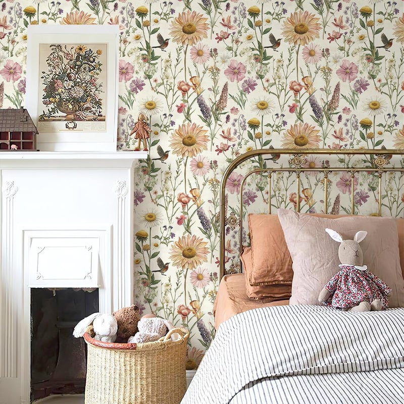 Livebor Floral Peel and Stick Wallpaper Floral Bird Contact Paper 16.9inch x 118.1inch Vintage Flower Wallpaper Peel and Stick Self Adhesive Flower Contact Paper Botanical Decor for Bathroom Vinyl - Image 3