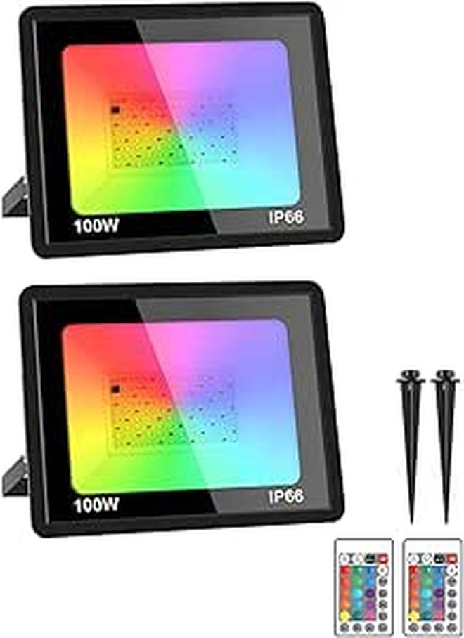 100W RGB LED Stage Lights 2 Pack Outdoor Color Changing Flood Light IP66 Waterproof Remote Control - Image 1