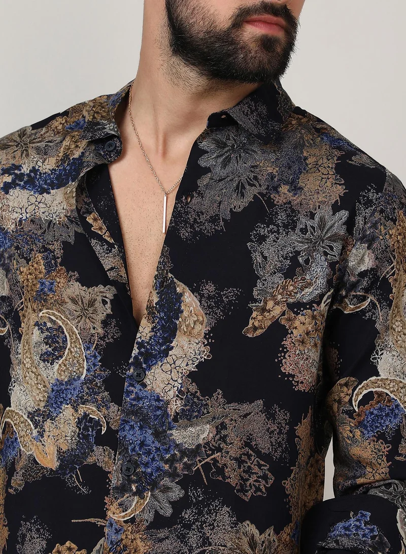 Campus Sutra Men's Royal Blue & Midnight Black Paisley Flora Shirt