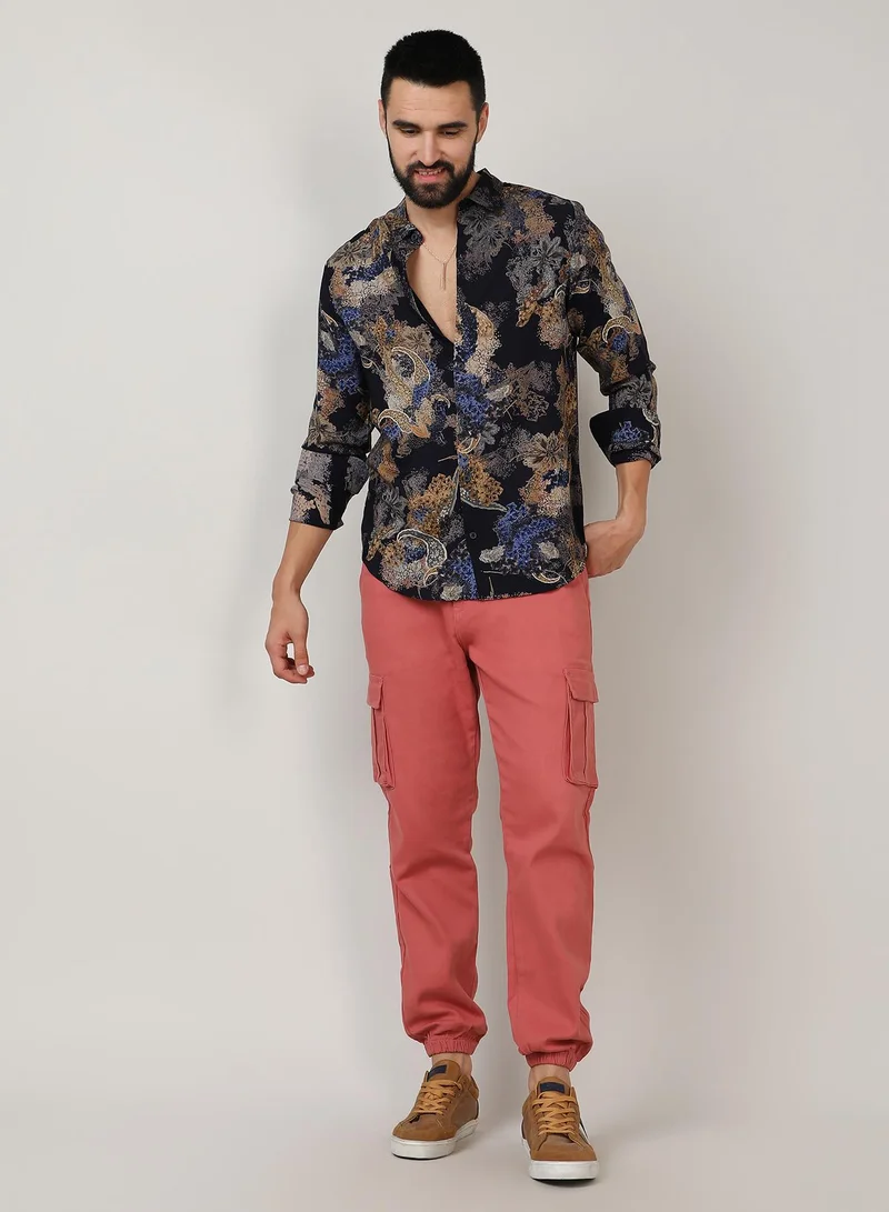 Campus Sutra Men's Royal Blue & Midnight Black Paisley Flora Shirt