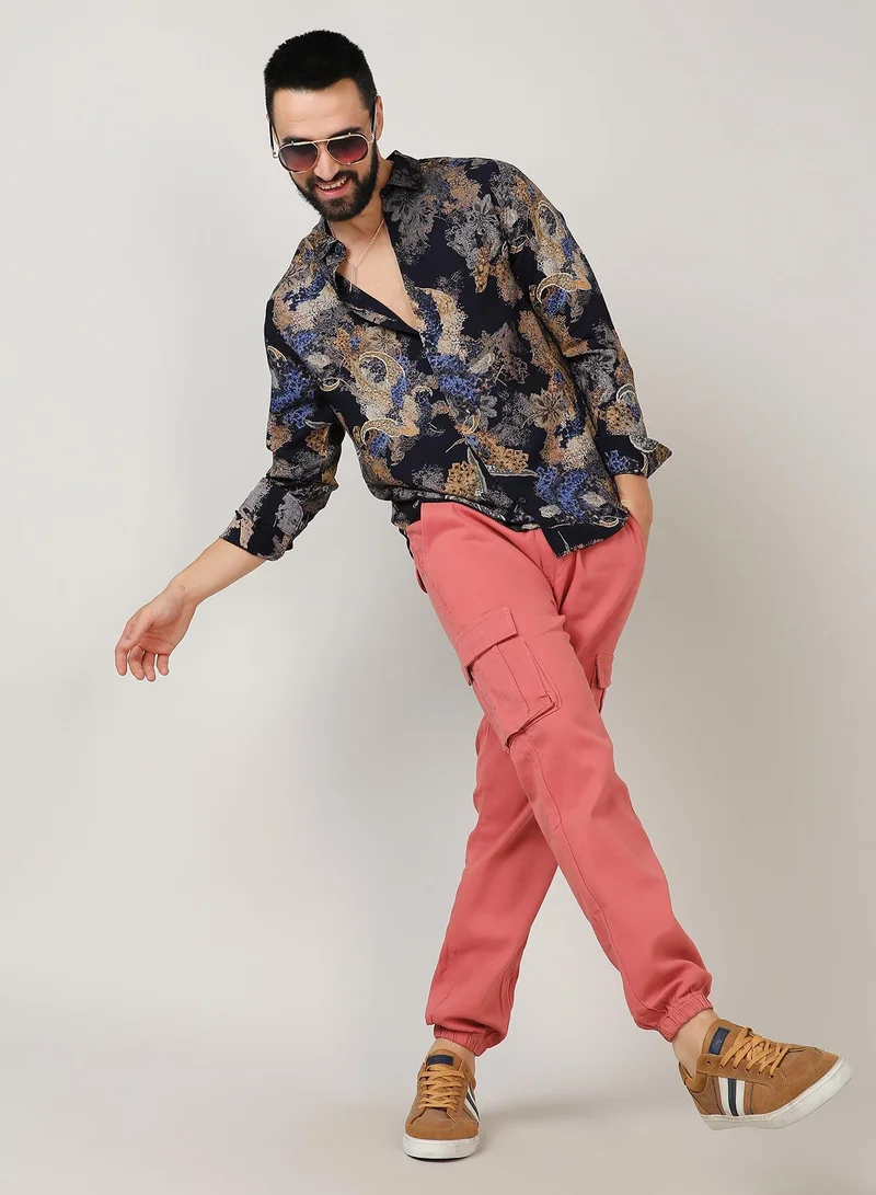 Campus Sutra Men's Royal Blue & Midnight Black Paisley Flora Shirt
