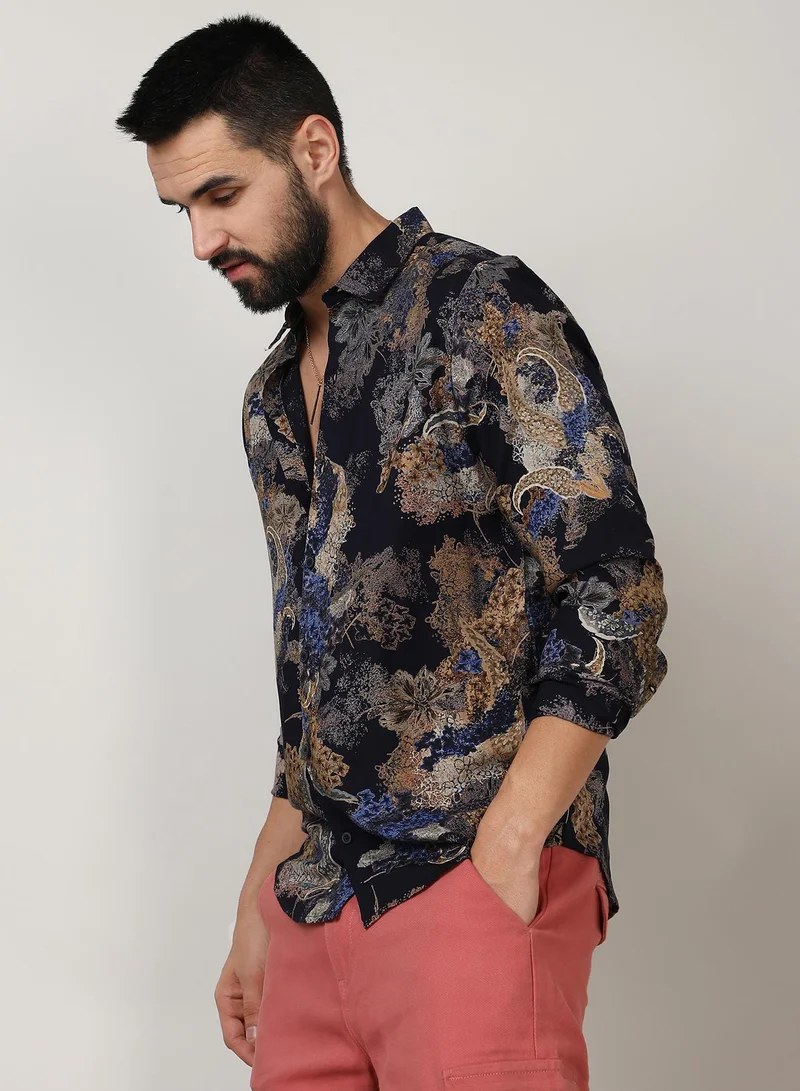 Campus Sutra Men's Royal Blue & Midnight Black Paisley Flora Shirt
