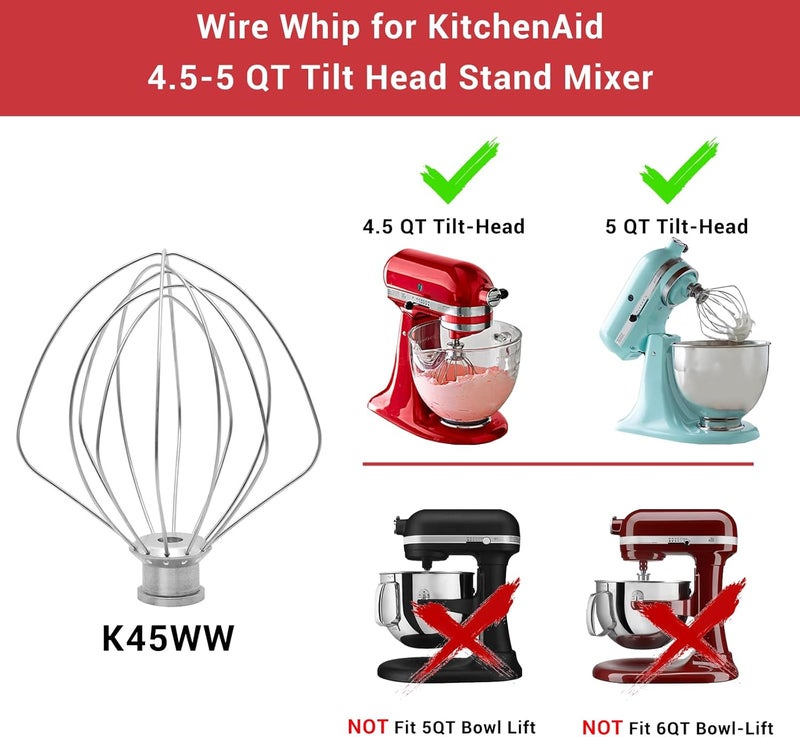 جلينك ملحق سلك الخفق لخلاطات KitchenAid، ملحقات لخلاط KitchenAid ذو الرأس المائل من 4.5-5 كوارت، بديل K45WW، بديل خفاقة 6 أسلاك، خفاقة البيض والقشدة الثقيلة، فضي - Image 3