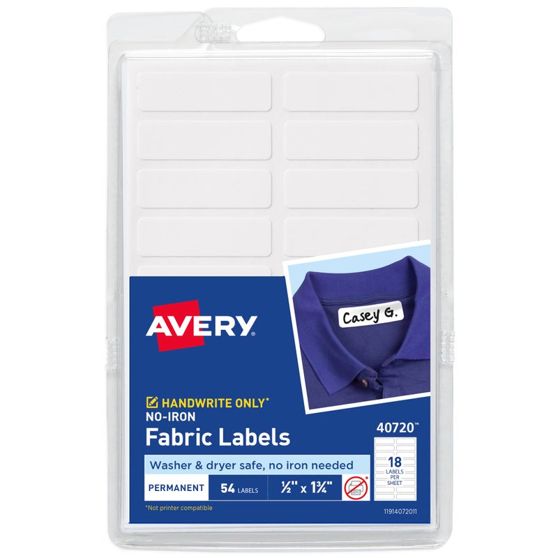 Avery No-Iron Fabric Labels, 1/2" x 1-3/4", Washer and Dryer-Safe Waterproof Labels, Non-Printable, 54 Total (40720) - Image 1