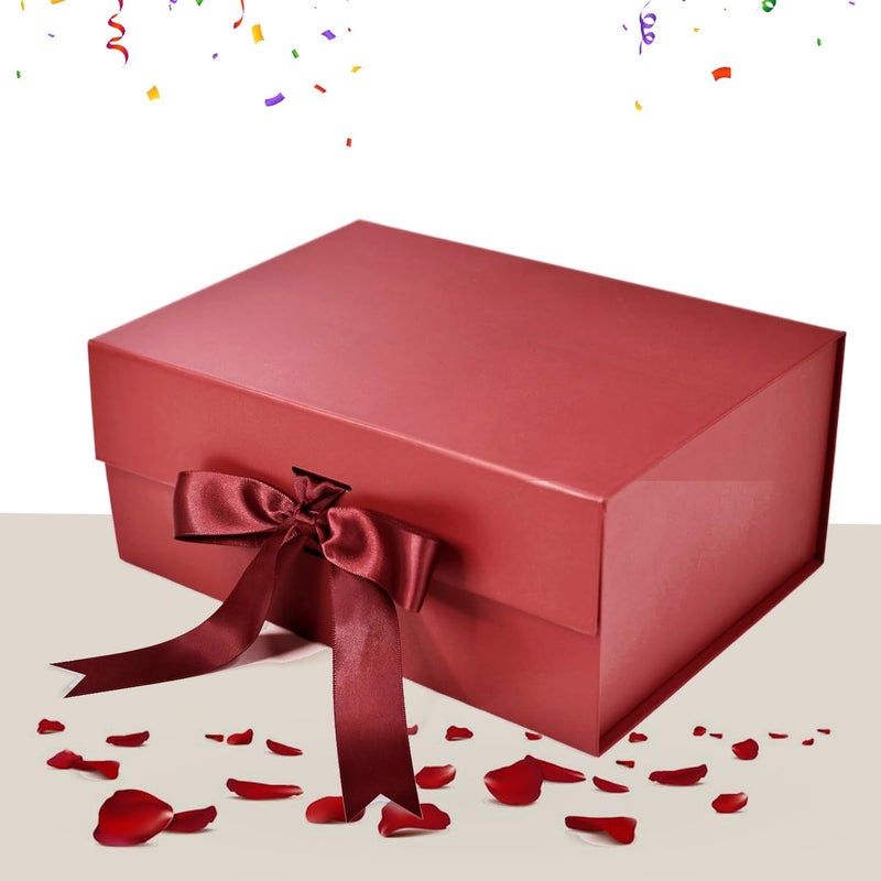Aakriti Maroon Foldable Rakhi Gift Box Empty Gift Box with Satin Ribbon, Multipurpose Hamper Box Holds upto 5 kg Reuse Gift Boxes for Gift Packing (Medium 24 x 17 x 10 cm, Maroon Matte Finish 1Pcs) - Image 1