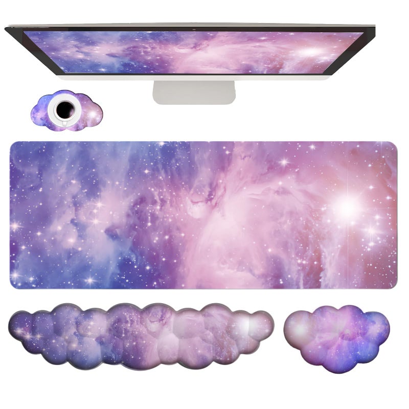 WFCYGL Cloud Wrist Rest Keyboard Purple Cloud Mouse Pad Set 4PCS Galaxy Large Desk Mat Ergonomic Space Wrist Pad Support Memory Foam Non-Slip Wrist Rest for Keyboard and Mouse Computer Gaming Home Office - Image 1