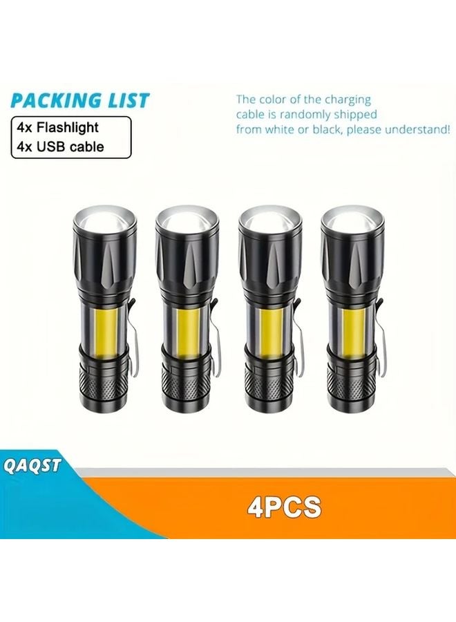 4pcs Mini Handheld Flashlights USB Rechargeable LED Portable Work Lights Adjustable Zoom - Image 1