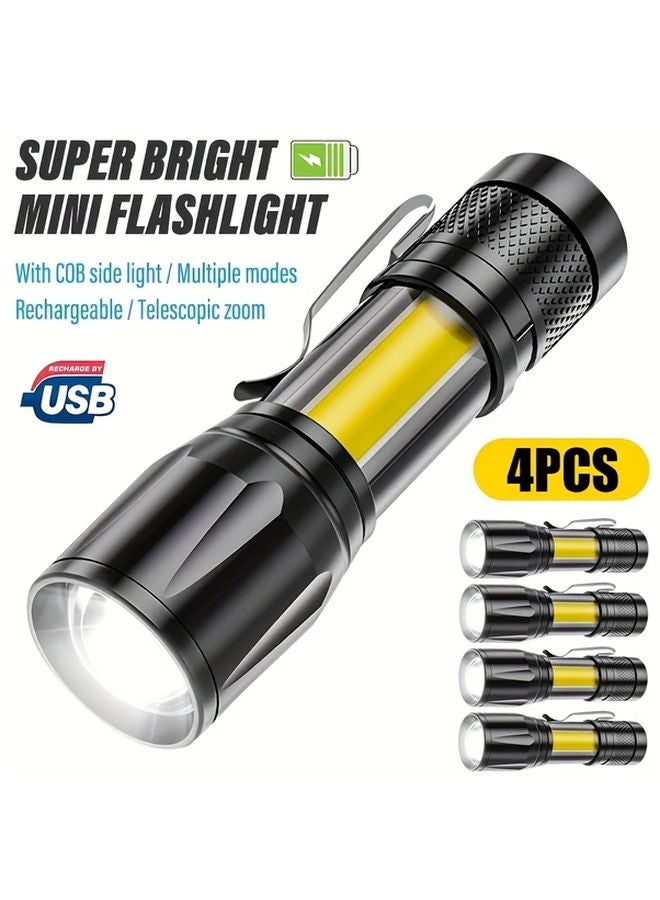 4pcs Mini Handheld Flashlights USB Rechargeable LED Portable Work Lights Adjustable Zoom - Image 2