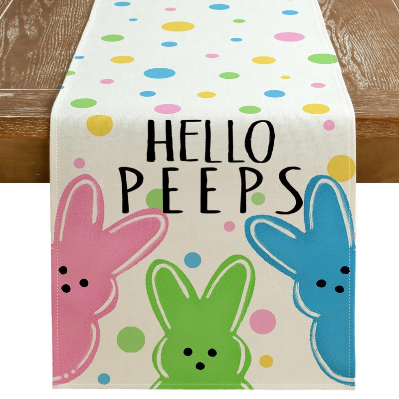 GEEORY Easter Table Runner 13x72 Inch, Hello Peeps Bunny Spring Decorative Farmhouse Table Decoration for Kitchen Dinning, Indoor Outdoor Dinner Party Decor - Image 1
