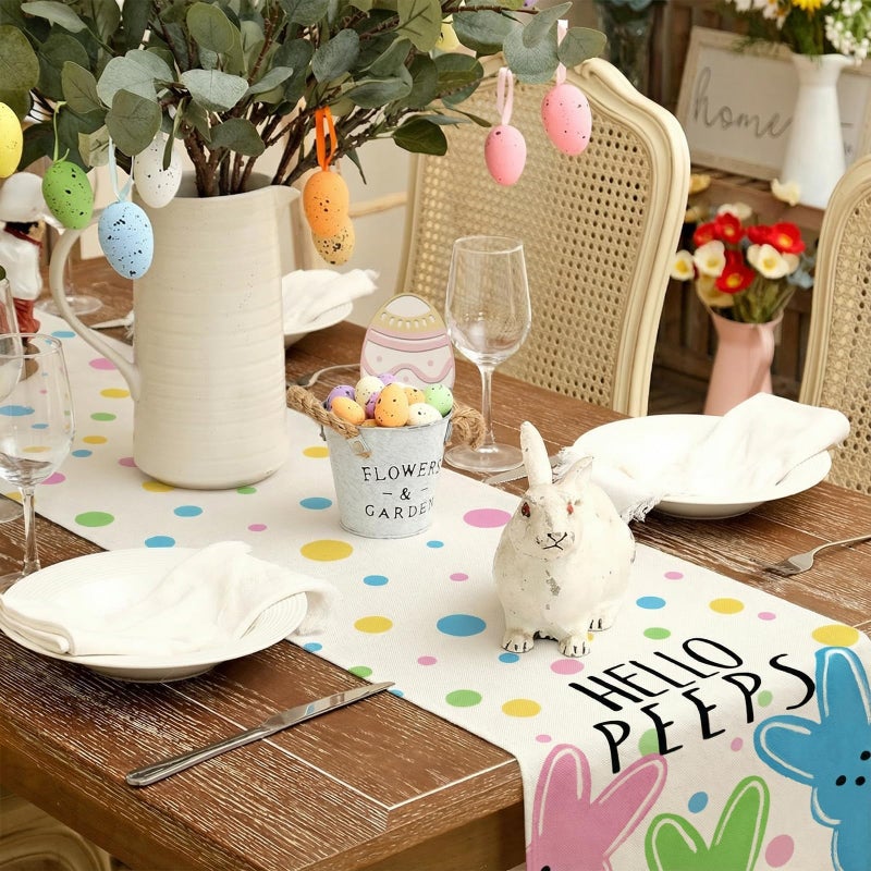 GEEORY Easter Table Runner 13x72 Inch, Hello Peeps Bunny Spring Decorative Farmhouse Table Decoration for Kitchen Dinning, Indoor Outdoor Dinner Party Decor - Image 3