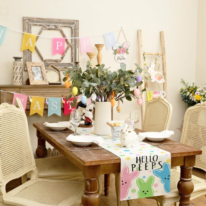 GEEORY Easter Table Runner 13x72 Inch, Hello Peeps Bunny Spring Decorative Farmhouse Table Decoration for Kitchen Dinning, Indoor Outdoor Dinner Party Decor - Image 2
