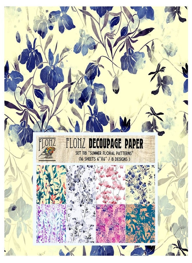 Flonz Decoupage Paper Pack (24 Sheets 6"x6") Summer Flowers Wildflowers Vintage Styled Seamless Pattern Paper for Decoupage, Craft and Scrapbooking