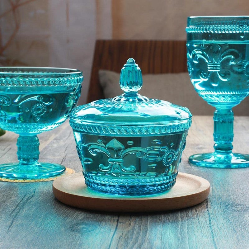 Massjoy Set Of 2 European Retro Nostalgic 3D Relief Blue Glass Jar Candy Jar Seasoning Jar With Lid - Image 3