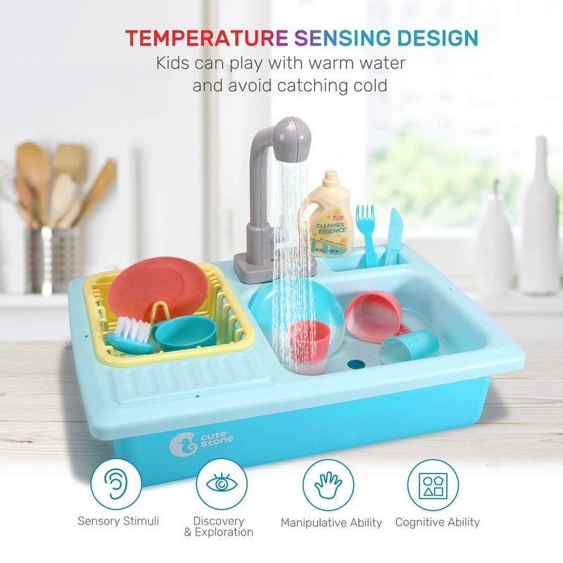 CUTE STONE Color Changing Kitchen Sink Toys Children Electric Dishwasher Playing Toy with Running Water Upgraded Faucet Automatic Water Cycle System Play House Pretend Role Play Toys for Boys Girls - Image 3