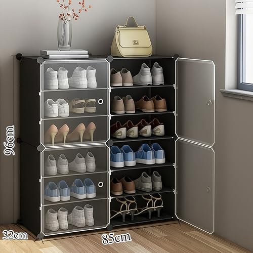 AYSIS Plastic Shoe Rack for Home | 𝟏𝟐 𝐒𝐡𝐞𝐥𝐟 DIY Shoe Rack with Door for Home Storage Plastic Box Organizer, Metal Door Frame, Chappal Slipper Sandals Stand (Black, 12-Shelf-4-Door) - Image 2