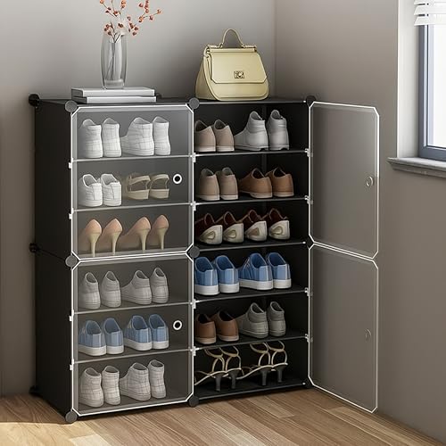 AYSIS Plastic Shoe Rack for Home | 𝟏𝟐 𝐒𝐡𝐞𝐥𝐟 DIY Shoe Rack with Door for Home Storage Plastic Box Organizer, Metal Door Frame, Chappal Slipper Sandals Stand (Black, 12-Shelf-4-Door) - Image 1