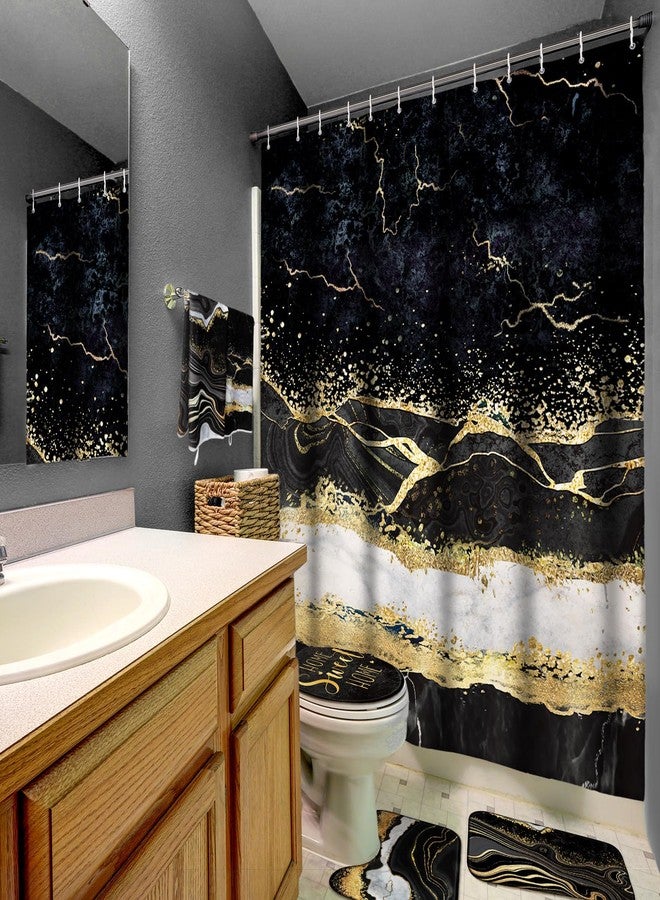Honoson 8 Pcs Black and Gold Marble Shower Curtain Set with Rugs and Kitchen Towels Marble Farmhouse Shower Curtain Bathroom Set for Farmhouse Country Summer Halloween Housewarming Gifts Decor - Image 2