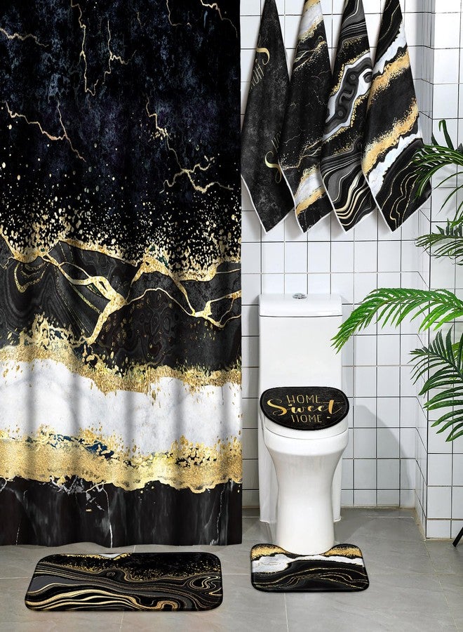 Honoson 8 Pcs Black and Gold Marble Shower Curtain Set with Rugs and Kitchen Towels Marble Farmhouse Shower Curtain Bathroom Set for Farmhouse Country Summer Halloween Housewarming Gifts Decor - Image 1